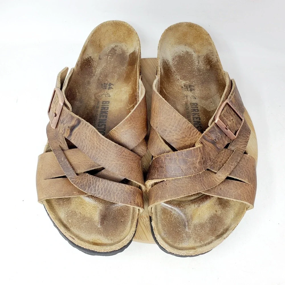 Birkenstock Lugano Sandals 44 Mens 11 Tobacco Oiled Leather Straps Shoes